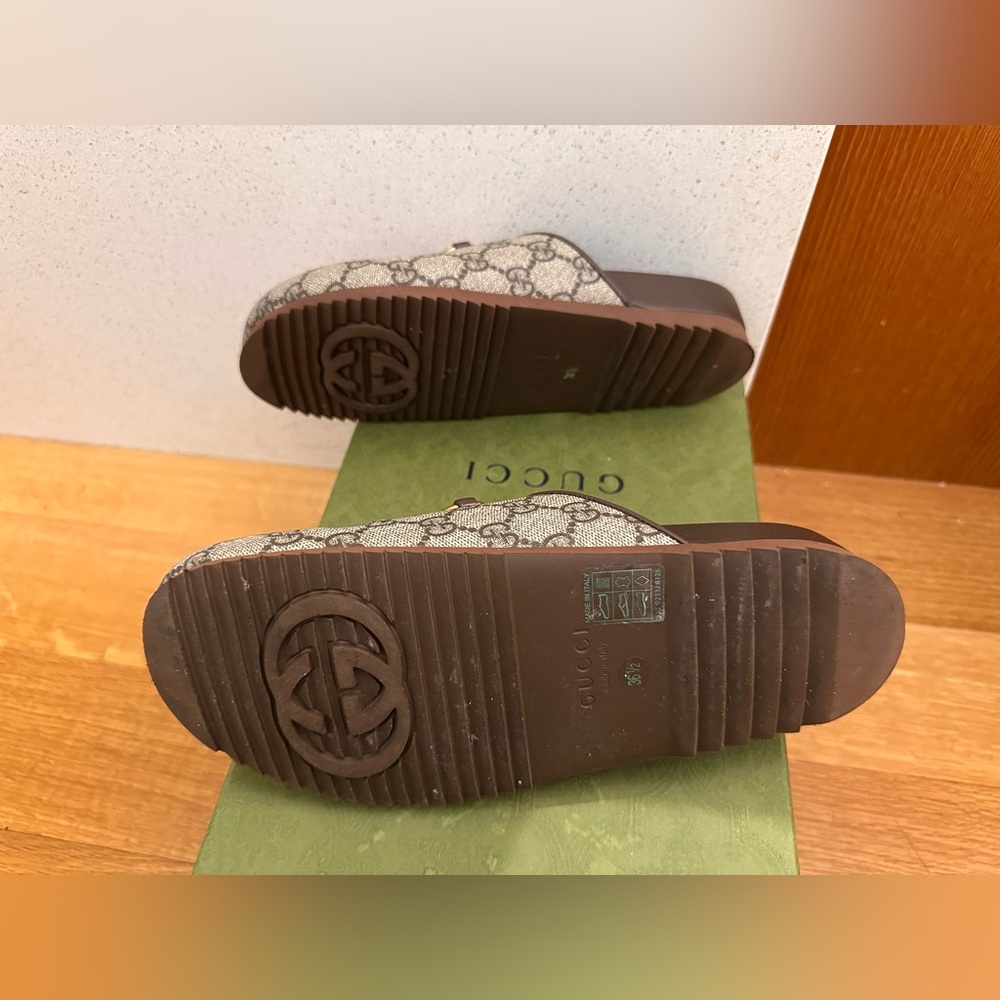 Gucci Beige Monogram Mules with Gold Hardware - Picture 6 of 10